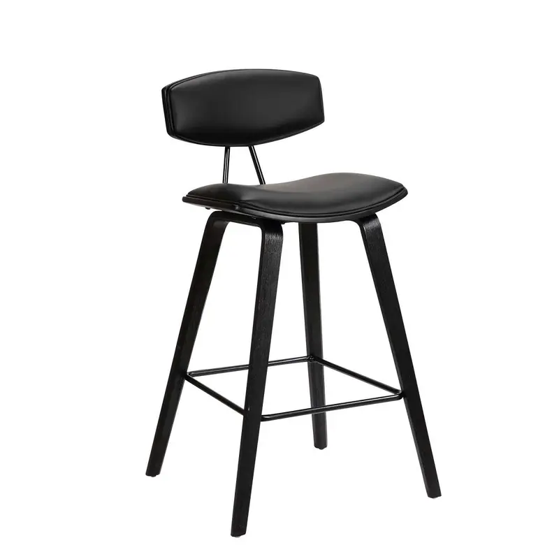 Fox 28.5" Bar Height Black Faux Leather and Black Wood Mid-Century Modern Bar Stool By Armen Living