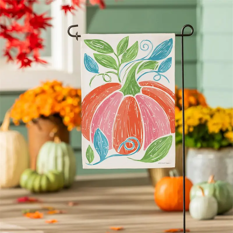Fun Bright Pumpkin Burlap Flag Garden
