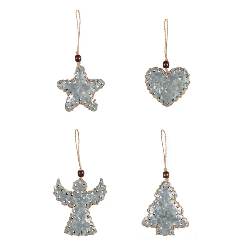Galvanized Metal Ornament with Jute, Tree/Heart/Star/Angel, 4 Asst,3otm258