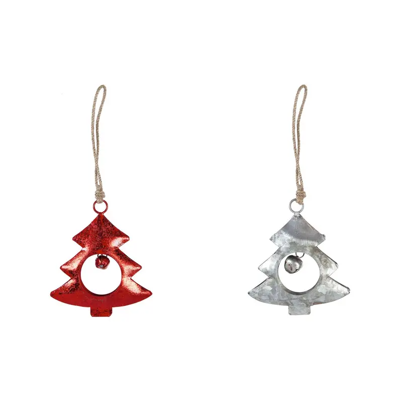 Galvanized Metal Tree Ornament with Bell, Red/Gray, 2 Asst,3otm262