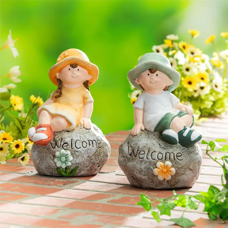 Garden Kids Sitting On Welcoming Rock Statue, 7"H