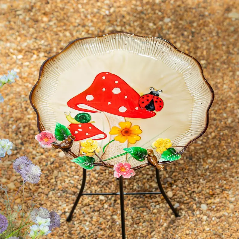 Garden of Wonder Birdbath, Metal Sculpted Edge Bird Bath, Flowers & Mushrooms, 17"