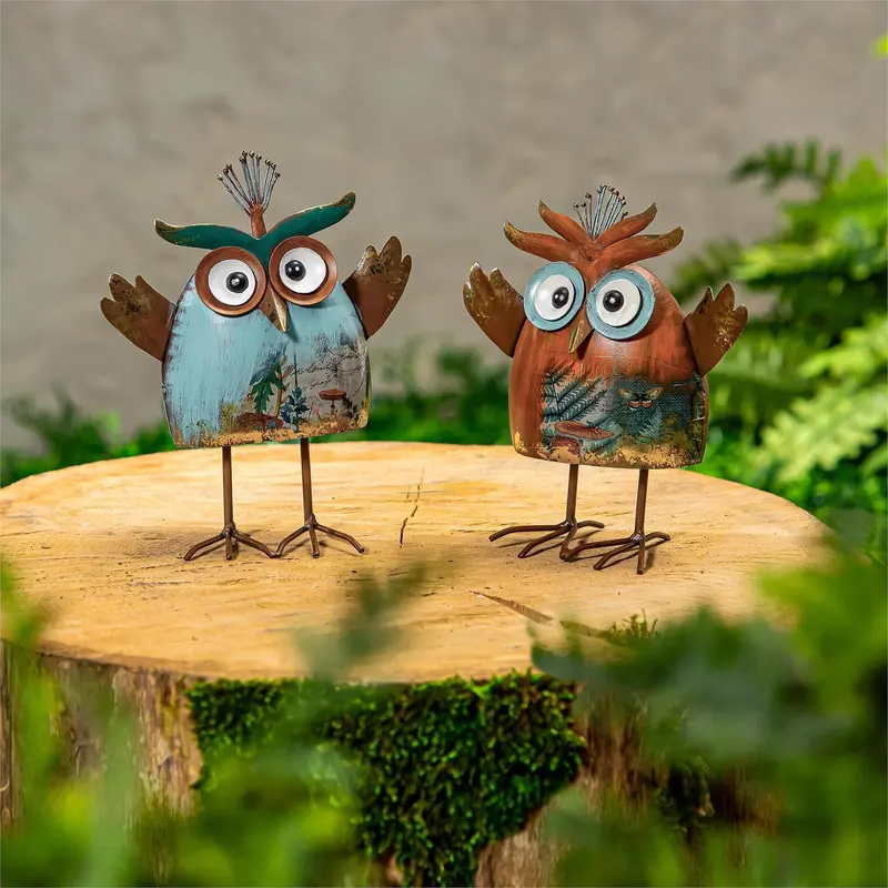 Garden of Wonder Garden Statue, Metal Mini Owls Statue, 8"H