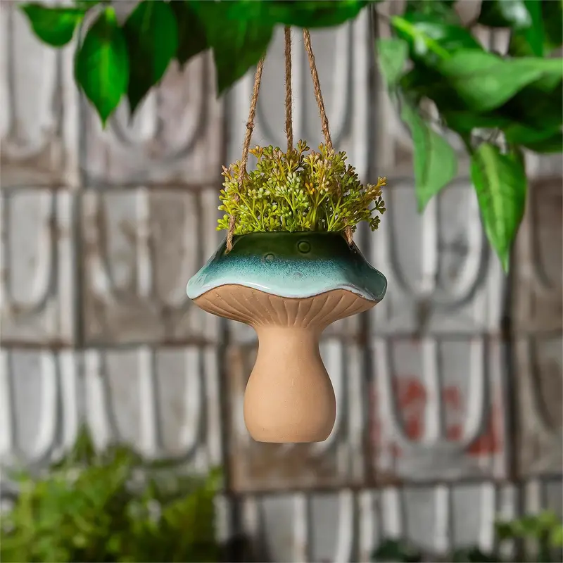 Garden of Wonder Planter, Hanging Planter, Ceramic Blue Mushroom