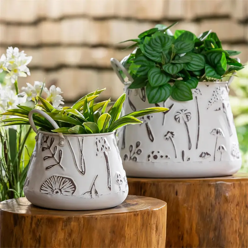 Garden of Wonder Planter, Metal Planters with Handles, Embossed Mushrooms, Nested Set of 2
