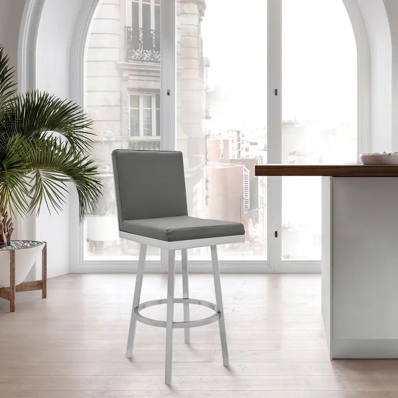 Gem 26" Swivel Modern Metal and Gray Faux Leather Bar and Counter Stool By Armen Living