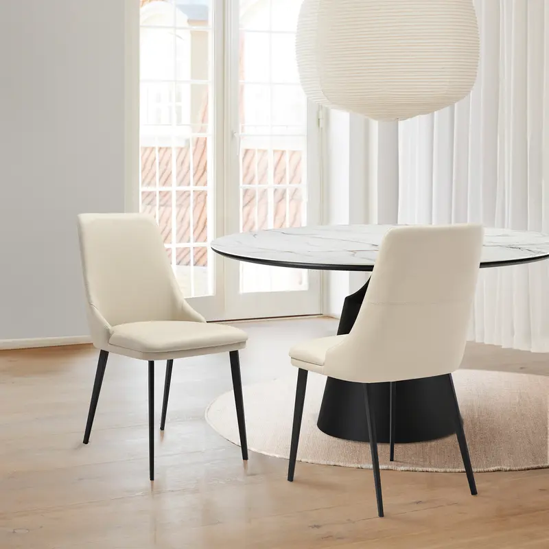 Genesis Upholstered Dining Chair in Beige Faux Leather with Black Metal Legs - Set of 2 By Armen Living