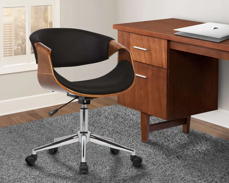 Geneva Mid-Century Office Chair in Chrome finish with Black Faux Leather and Walnut Veneer Arms By Armen Living