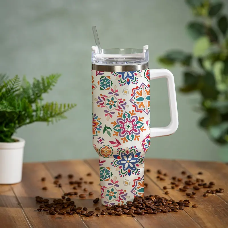Geometric Tapestry Canyon Cup, Double Wall Stainless Steel w/ Straw, 40oz, Gift Box