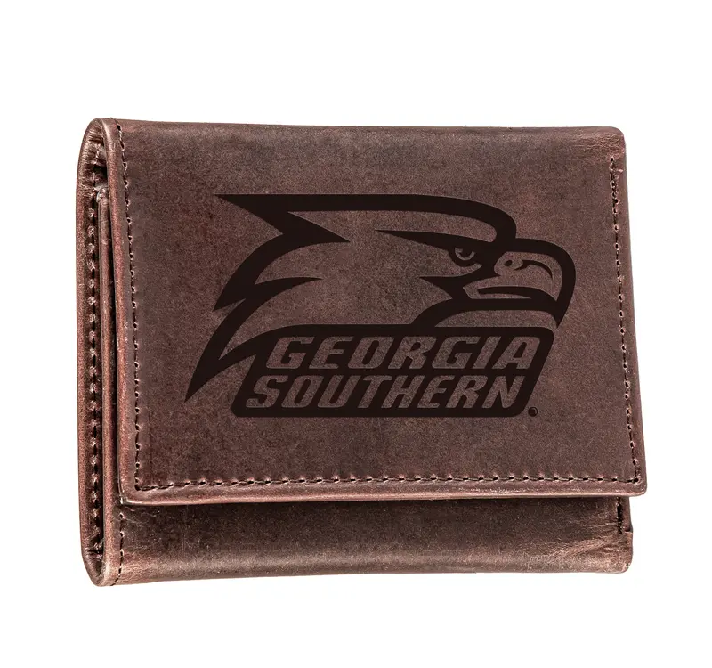 Georgia Southern University, Tri-Fold Wallet, Brown, CH, 100% Genuine Leather