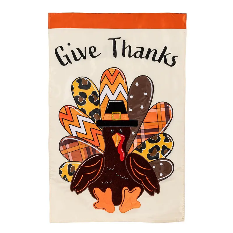 Give Thanks Patterned Turkey Applique House Flag