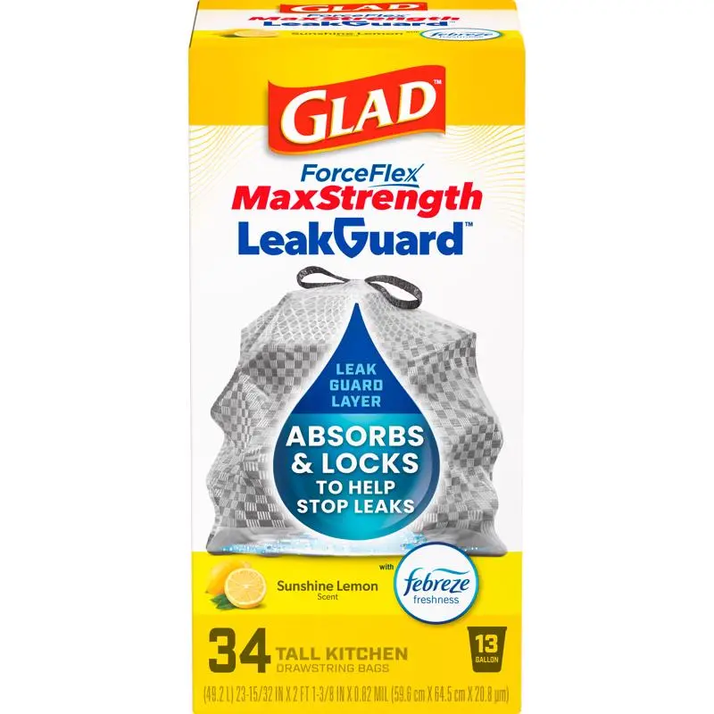 Glad LeakGuard 13 gal Lemon Kitchen Trash Bags Drawstring 34 pk (Pack of 6)