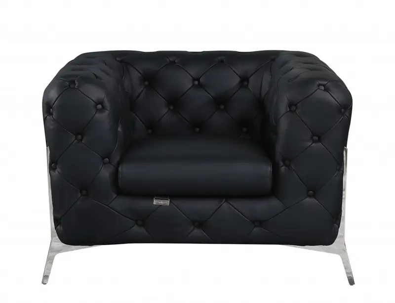 Glam Black and Chrome Tufted Leather Armchair By Homeroots