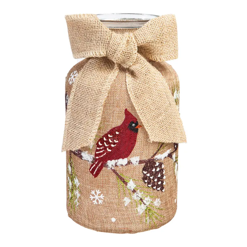 Glass Handpainted Cardinal and Branch and Pinecone LED Jar w/Burlap,8led402