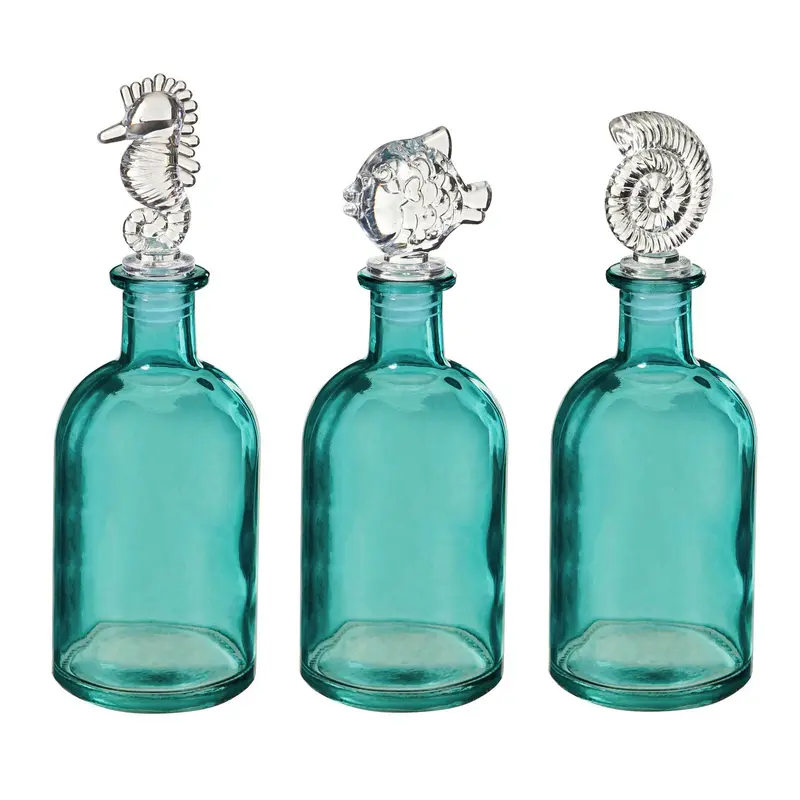 Glass Oil Bottle with Coastal Topper Program, 3 Asst, 4 of each, 12 Piece Total