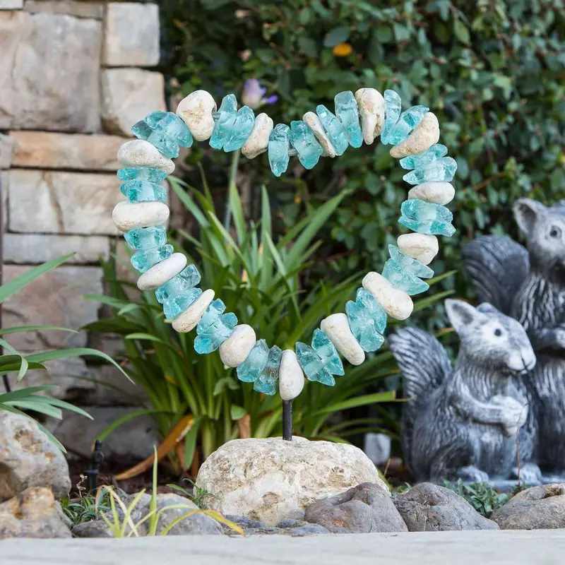 Glass & Stone Heart on the Rock 10" Dia x 16"H - Table Top min 2. Set of 2 By Garden Age Supply