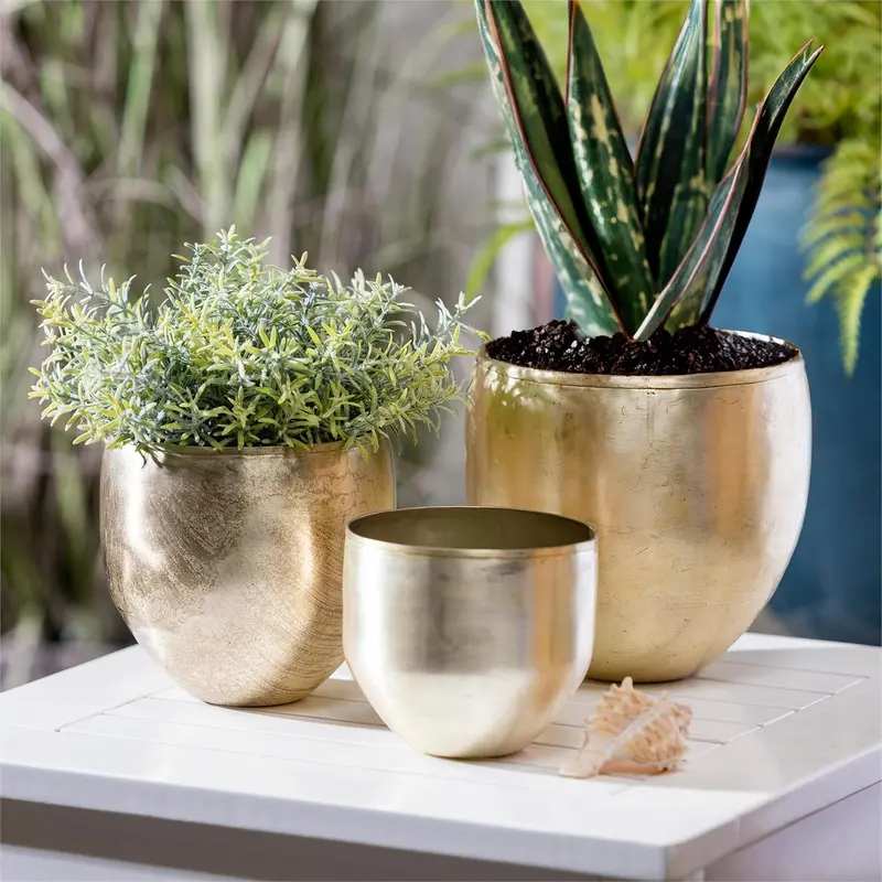 Glazed Metal Planter, Silver, Nested Set of 3