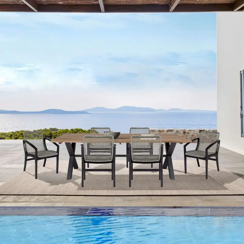 Glendora Beckham Outdoor Patio 7 Piece Live Edge Dining Set in Eucalyptus Wood and Gray Rope By Armen Living