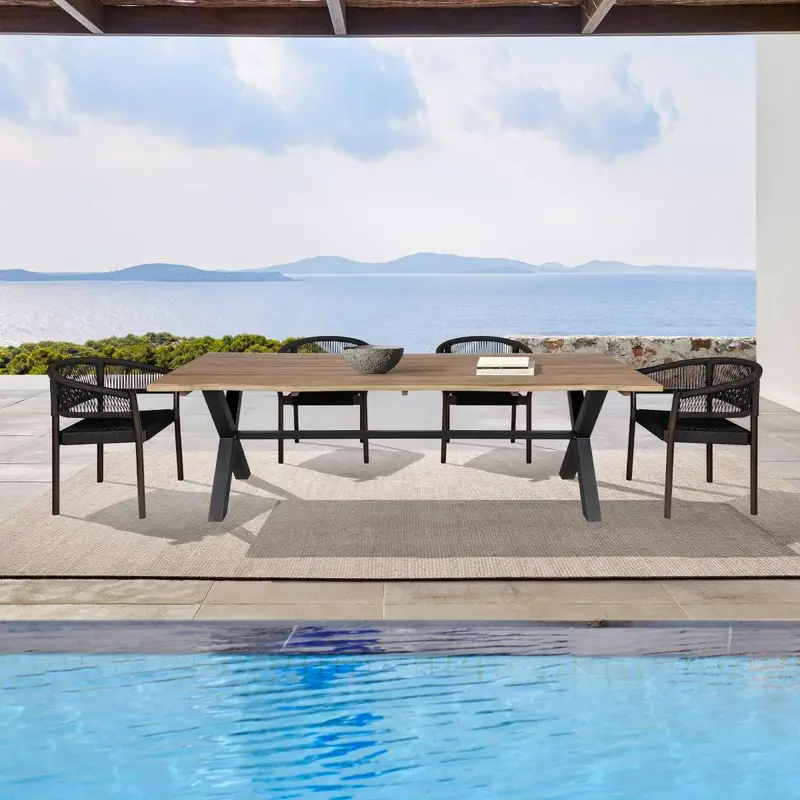 Glendora Doris Outdoor Patio 5 Piece Live Edge Dining Set in Eucalyptus Wood and Black Rope By Armen Living