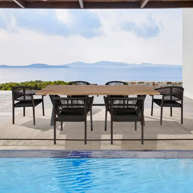 Glendora Doris Outdoor Patio 7 Piece Live Edge Dining Set in Eucalyptus Wood and Black Rope By Armen Living