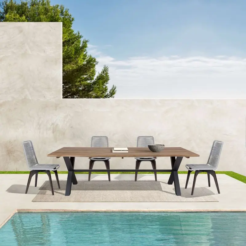 Glendora Island Outdoor Patio 5 Piece Live Edge Dining Set in Eucalyptus Wood and Silver Rope By Armen Living