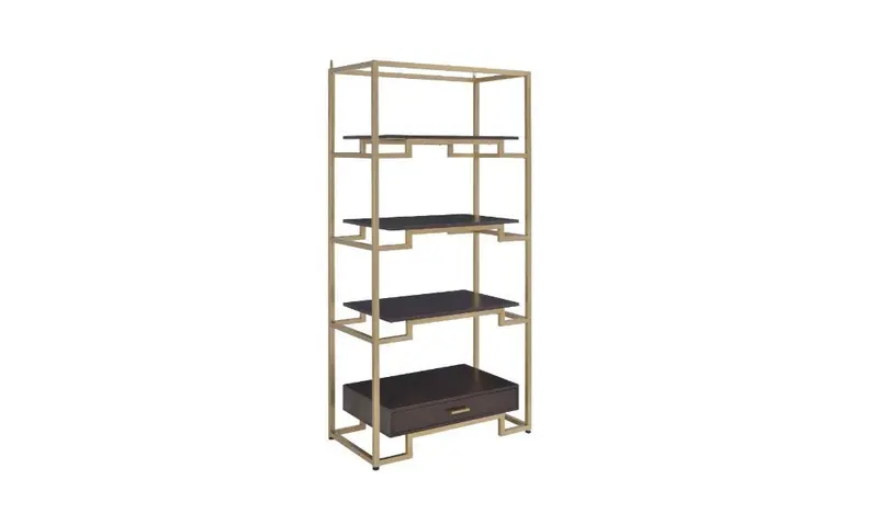 Gold and Black Metal Four Tier Etagere Bookcase with a Drawer By Homeroots