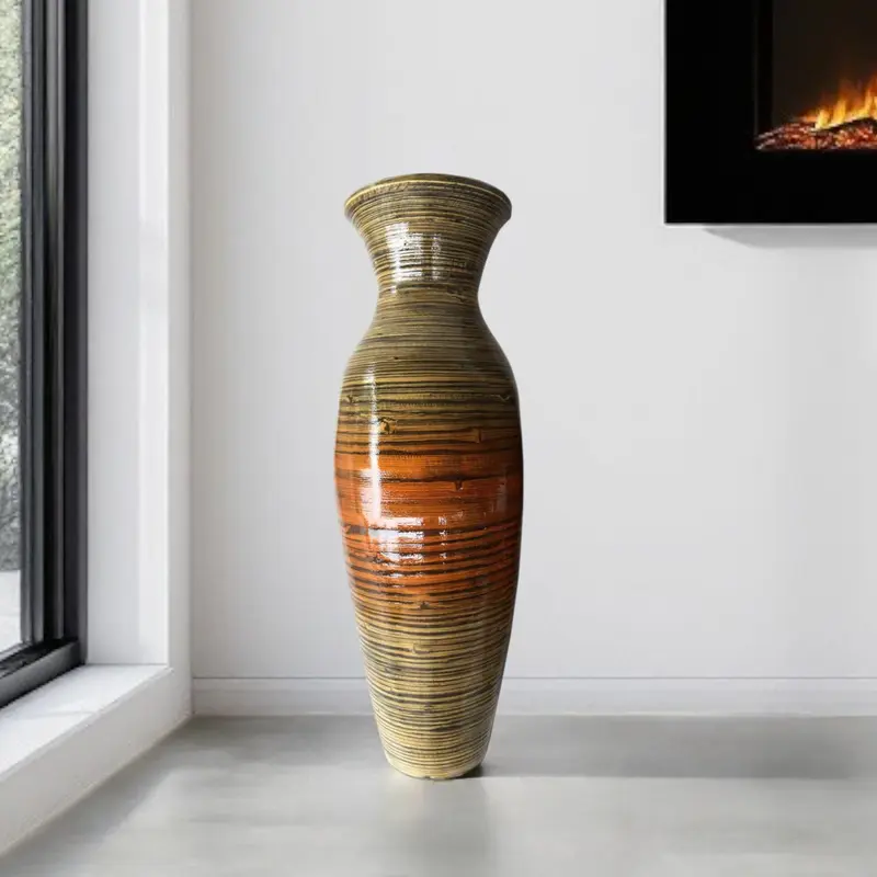 Gold and Brown Striped Urn Bamboo Floor Vase By Homeroots