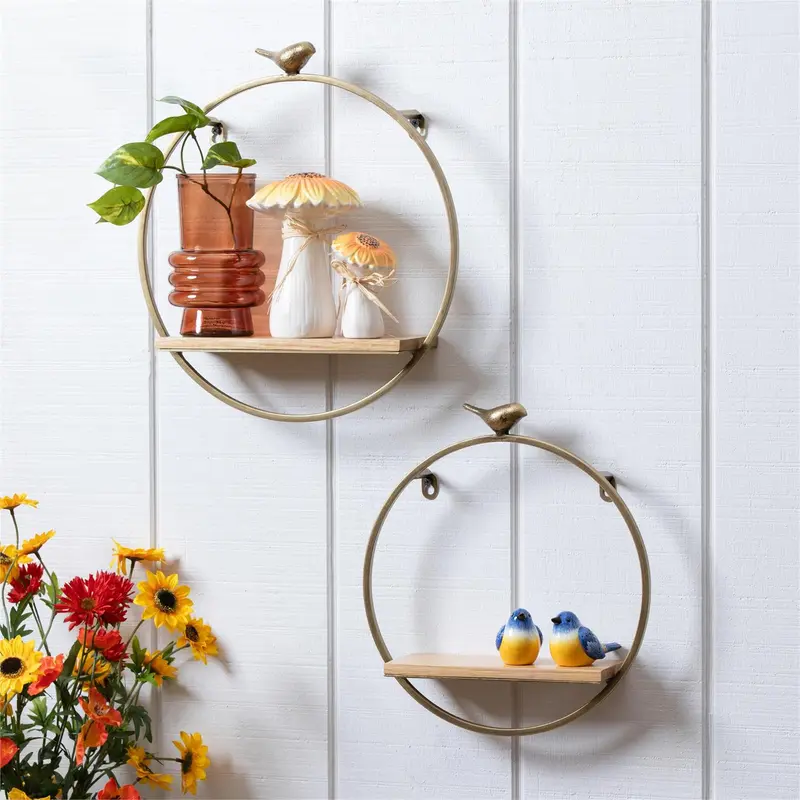 Gold Circle Wall Shelf with Bird, Set of 2