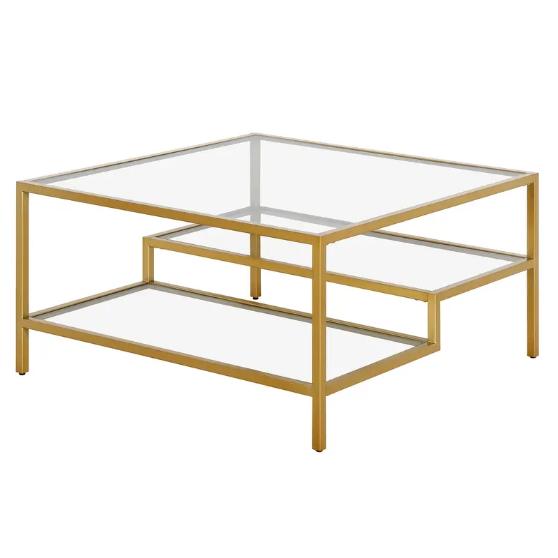 Gold Glass And Steel Square Coffee Table With Two Shelves By Homeroots