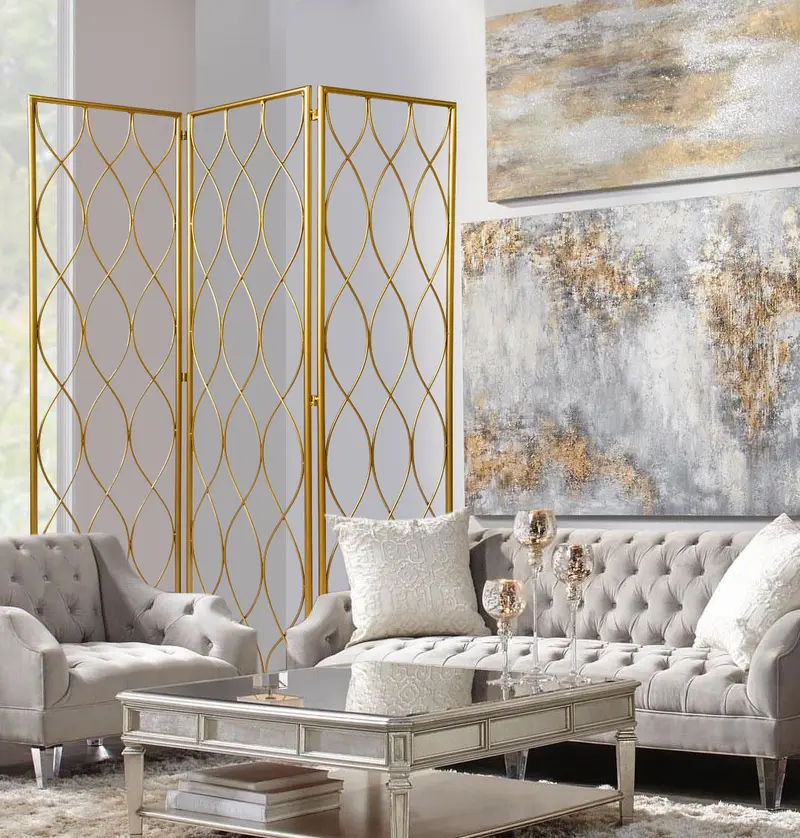 Golden Scroll Three Panel Room Divider Screen By Homeroots