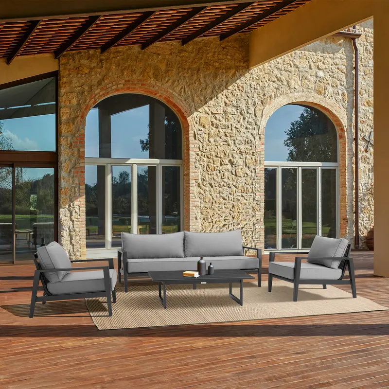 Grand 4 Piece Black Aluminum Outdoor Seating Set with Dark Gray Cushions By Armen Living