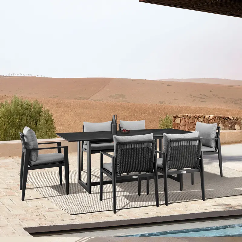 Grand Outdoor Patio 7-Piece Dining Table Set in Aluminum with Grey Cushions By Armen Living