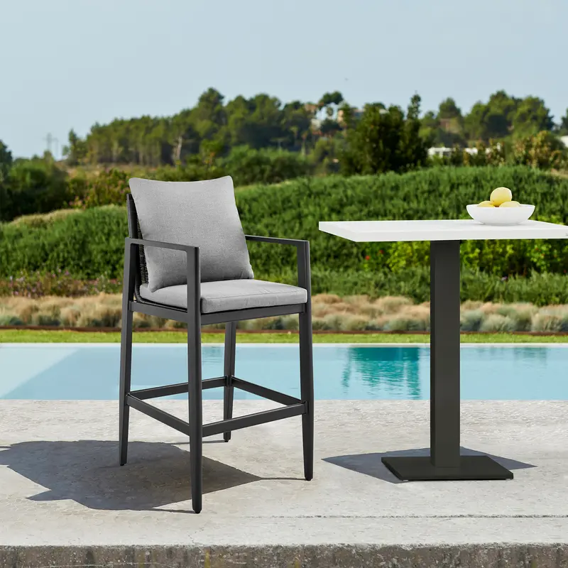 Grand Outdoor Patio Bar Stool in Aluminum with Grey Cushions By Armen Living
