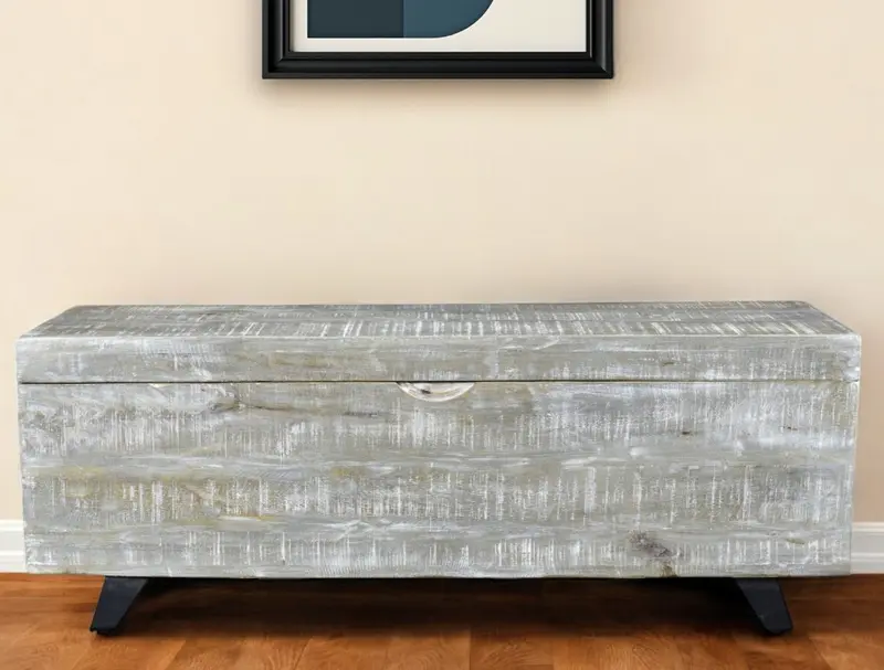 Gray and Black Distressed Solid Wood Storage Bench with Flip Top By Homeroots