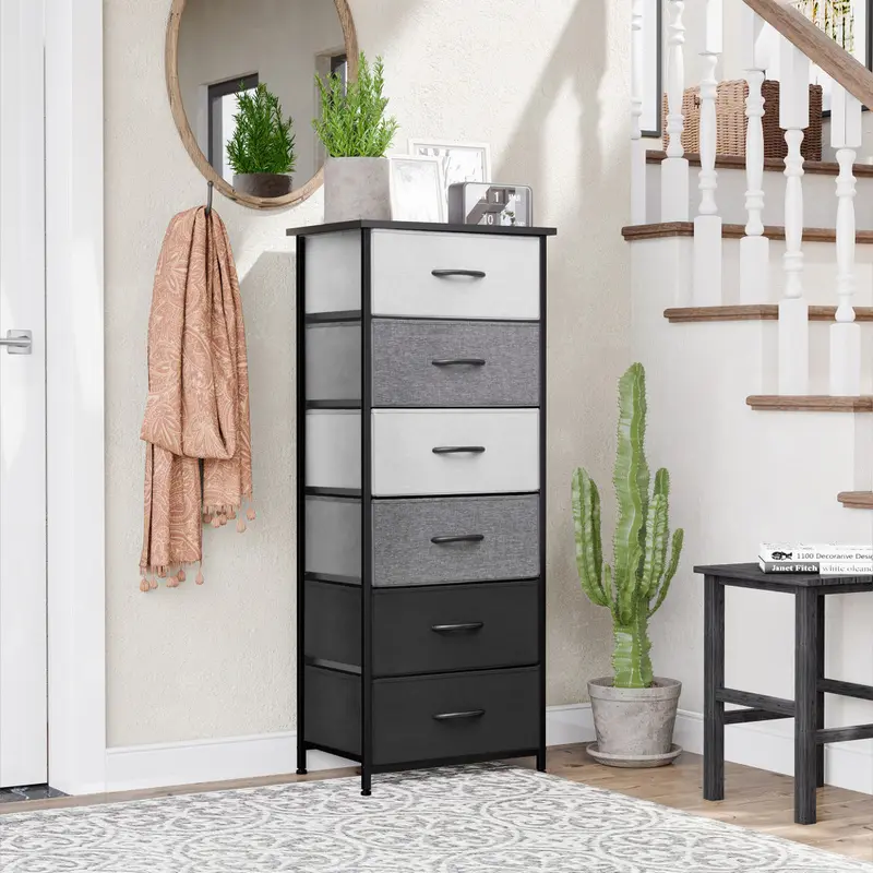 Gray and Black Steel and Fabric Six Drawer Chest By Homeroots