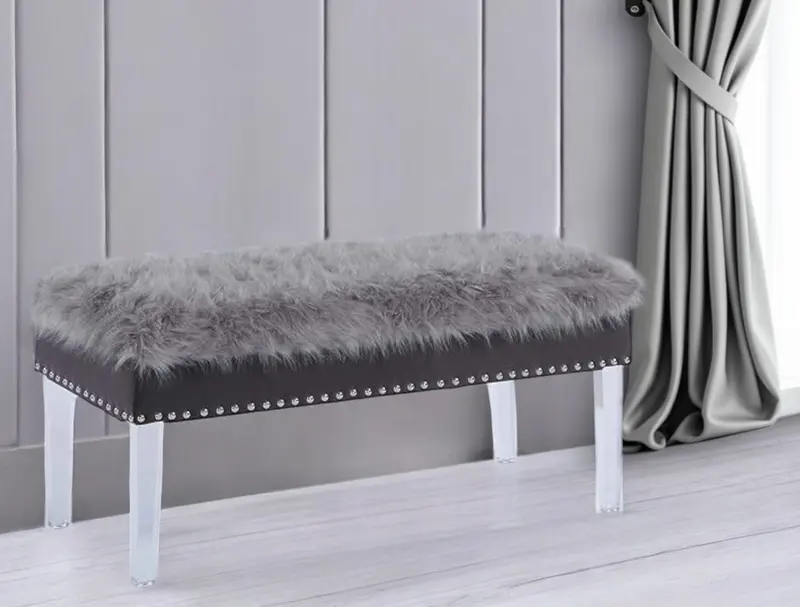Gray and Clear Faux Fur Upholstered Storage Bench with Flip Top By Homeroots