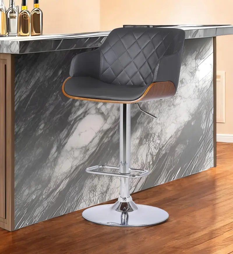Gray and Silver Faux Leather and Iron Low Back Adjustable Height Swivel Bar Chair By Homeroots