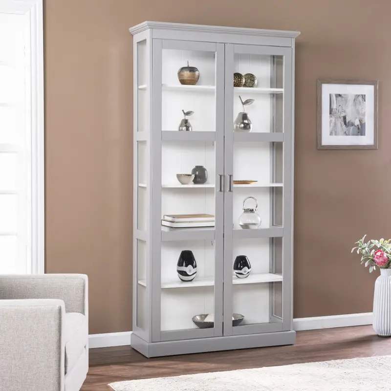 Gray Cornice Molding Double Door Curio Cabinet By Homeroots