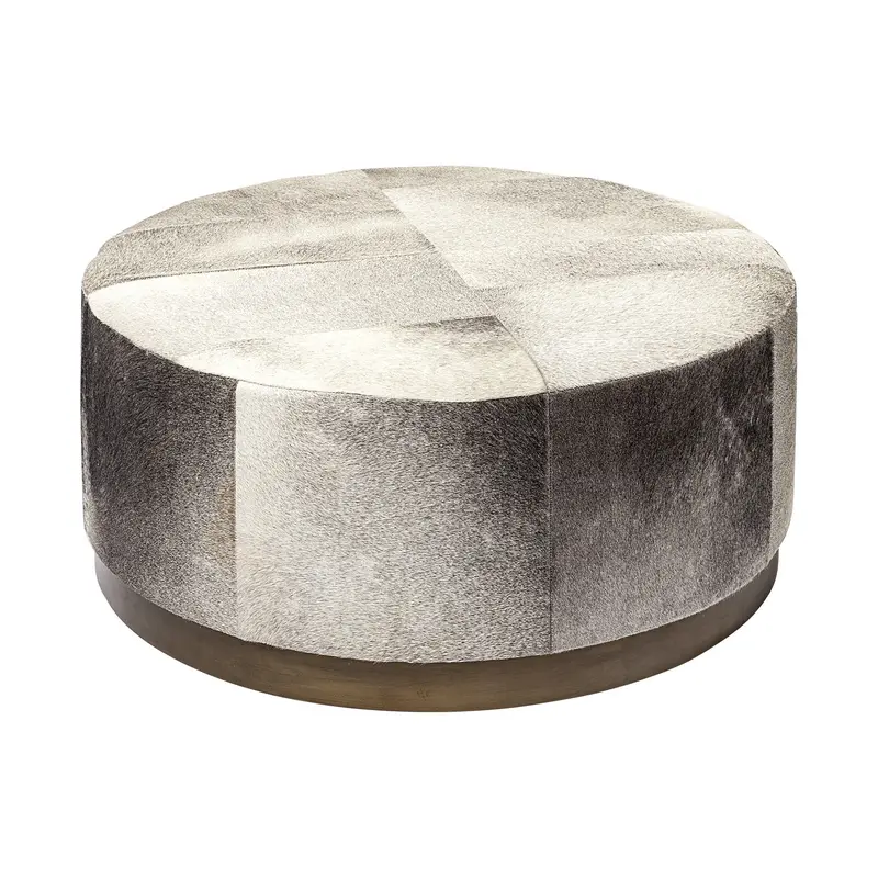 Gray Cowhide Round Ottoman with Metal Base By Homeroots
