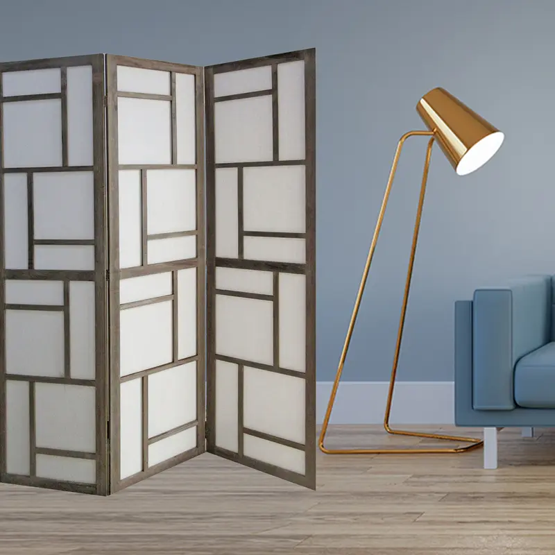 Gray Fabric And Wood 3 Panles Screen By Homeroots