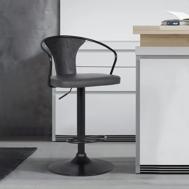 Gray Faux Leather & Metal Base Adjustable Bar Stool By Homeroots
