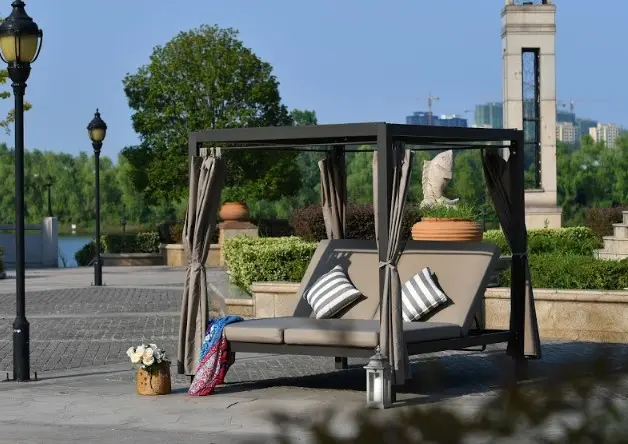 Gray Outdoor Steel Metal Adjustable Day Bed with Canopy and Taupe Cushions By Homeroots