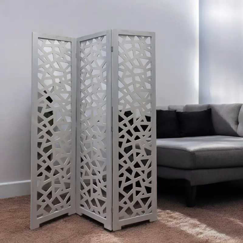Gray Solid Wood Folding Three Panel Screen Room Divider By Homeroots