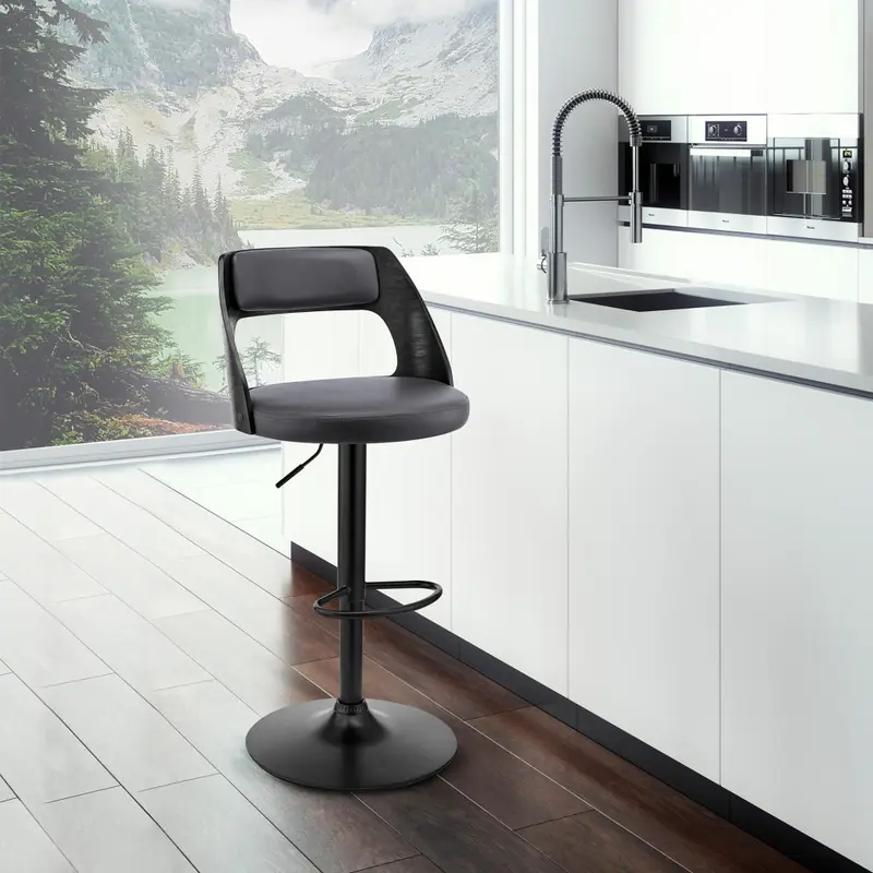 Gray Upholstered Black Base Adjustable Swivel Bar Stool By Homeroots