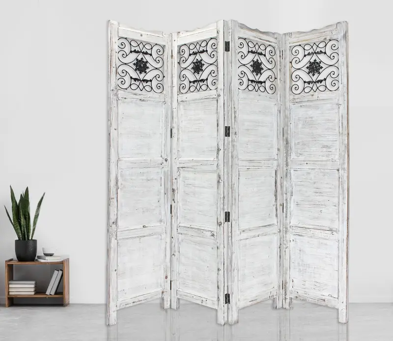 Gray Wash 4 Panel with Scroll Work Room Divider Screen By Homeroots