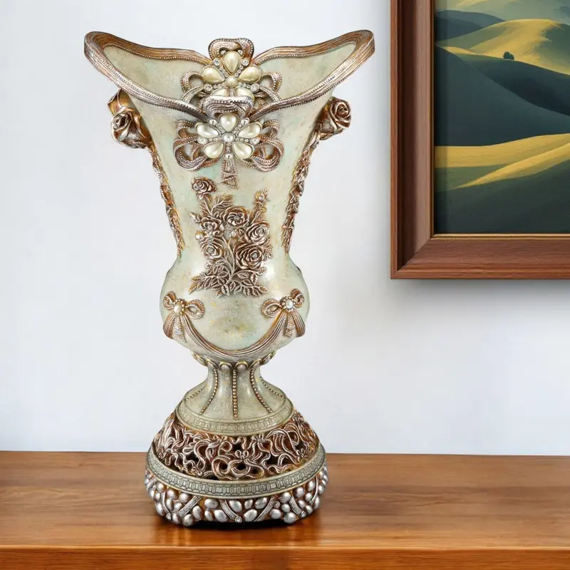 Green Bronze and Silver Floral Trumpet Polyresin Table Vase With Stones By Homeroots