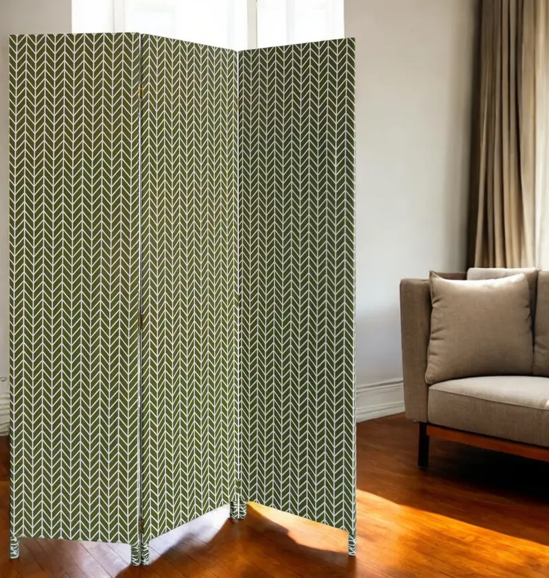 Green Fabric Folding Three Panel Screen Room Divider By Homeroots
