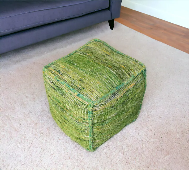 Green Recycled Silk and Cotton Blend Cube Pouf Ottoman By Homeroots