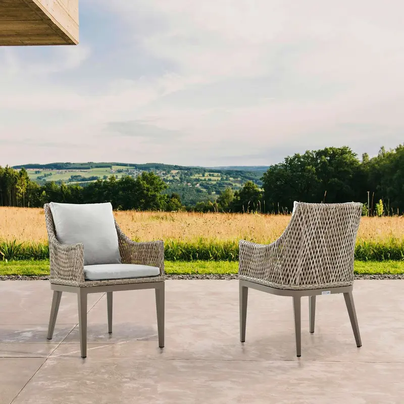Grenada Outdoor Wicker and Aluminum Gray Dining Chair with Beige Cushions - Set of 2 By Armen Living