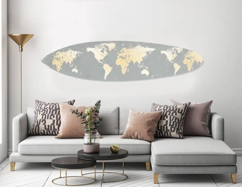 Grey and Gold World Map Surfboard Wall Art By Homeroots